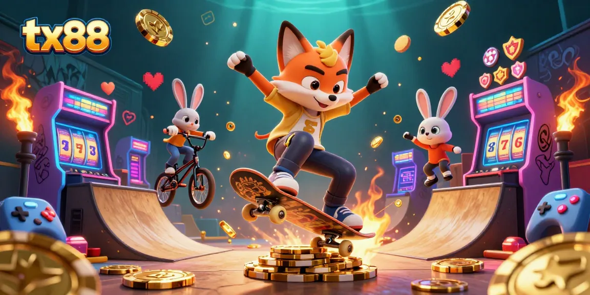 Engage with tx88's vibrant gaming scene, featuring a skateboarder fox and BMX rabbit amidst colorful casino elements.