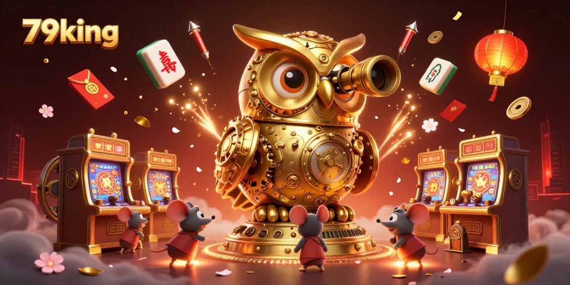 Engage in thrilling gaming adventures at 79king with a captivating 3D illustration of a golden owl and playful mice.
