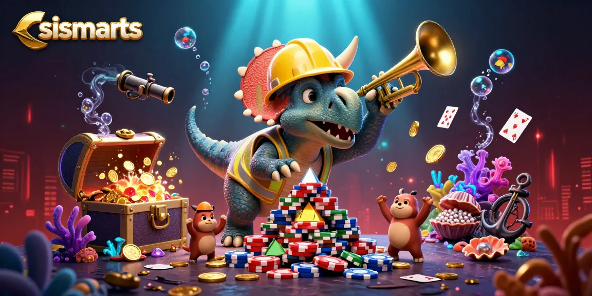 csismarts showcases a triceratops building poker chips while underwater treasures explode around it