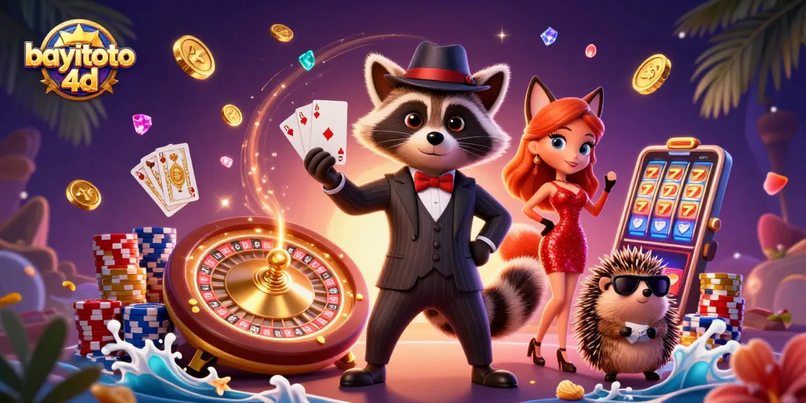 Experience the excitement of bayitoto 4d with a dazzling raccoon and fox in a vibrant casino scene.