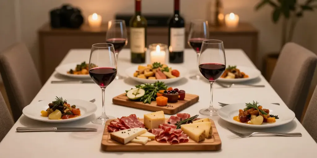 Elegantes Dinner-Setting mit Wein zum Essen und Gourmetgerichten.