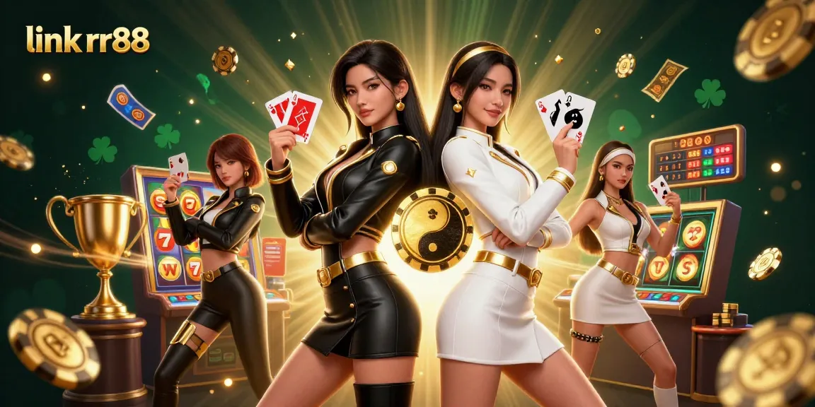 Experience the excitement of gambling with link rr88, featuring stunning twin Asian women and casino elements.