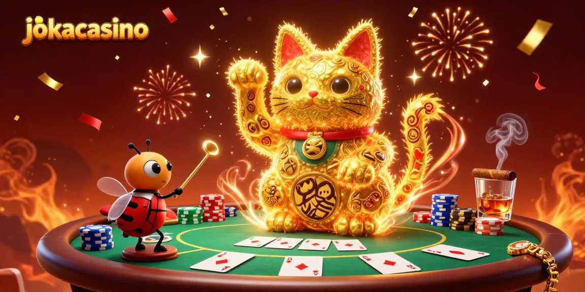 Play exciting casino games at jokacasino with vibrant visuals showcasing a lucky cat formed by fireflies.
