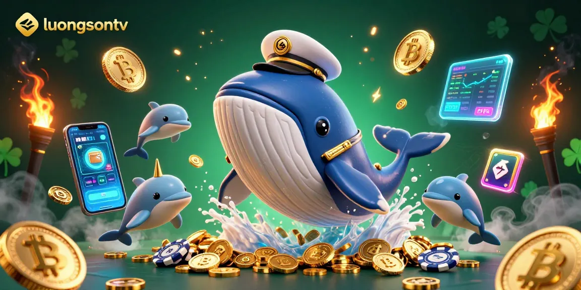 Experience the excitement of luongsontv with a vibrant underwater casino scene filled with playful dolphins and a golden whale.