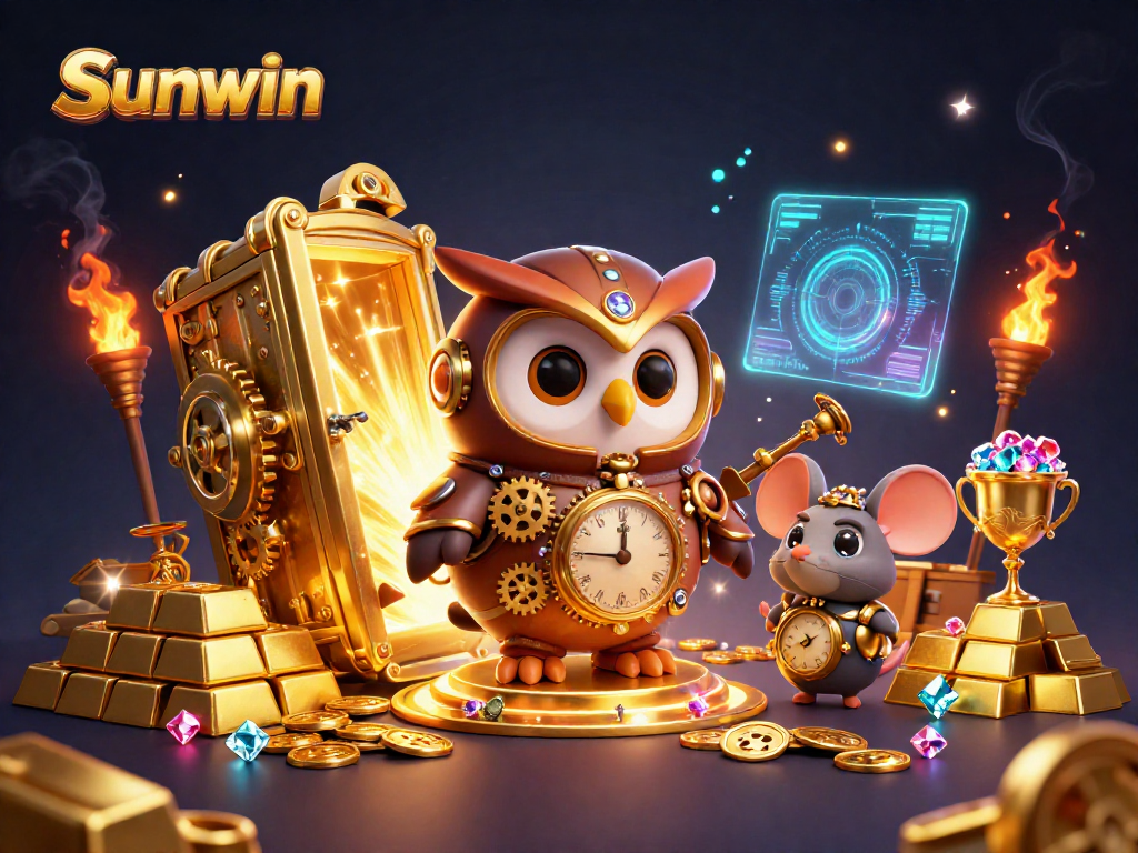 Win big at Sunwin with engaging casino elements from 3D owl and mouse characters in a rich scene.