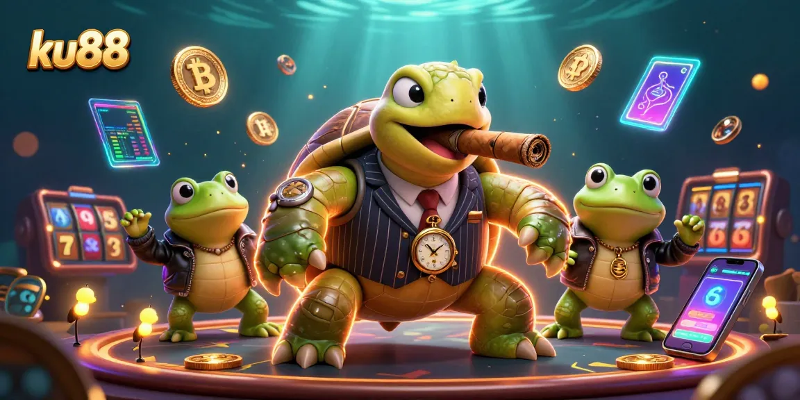 ku88 casino illustration with a unique turtle mobster, vibrant blockchain elements, and dynamic slot features