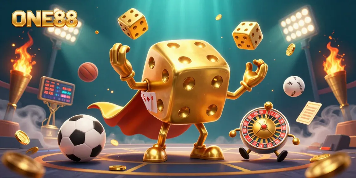 Experience thrilling game action at ONE88 with a dynamic illustration featuring golden dice and sports elements.