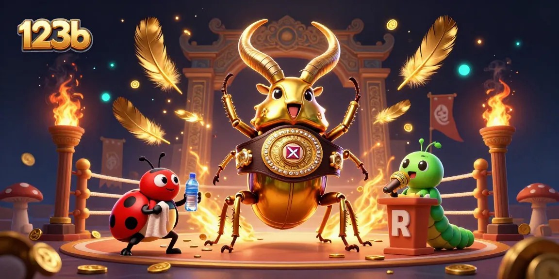 123b showcases a vibrant 3D illustration of a boxing beetle, ladybug corner-man, and caterpillar announcer.