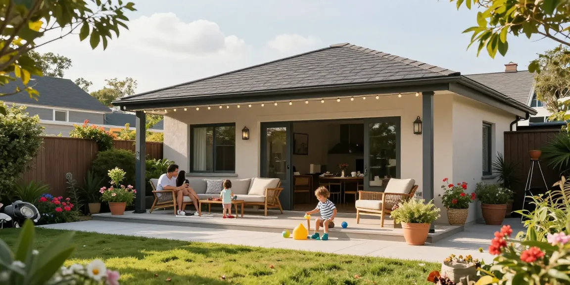 Freistehende Terrassenüberdachung im sonnigen Garten mit spielenden Kindern und stilvollen Möbeln.