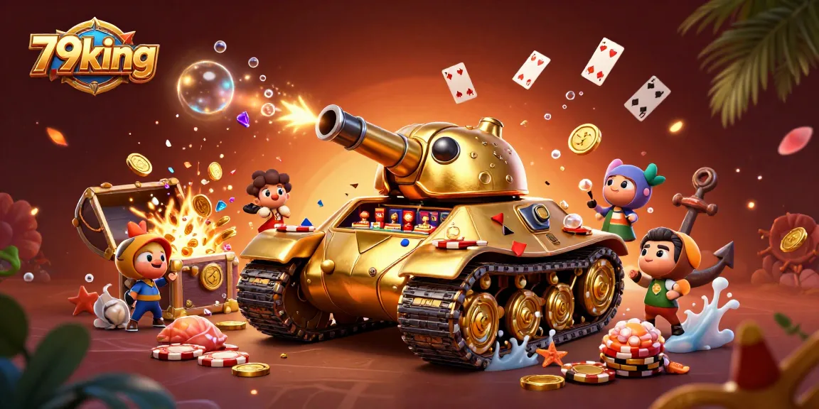 Win big at 79king with a golden beetle tank-themed casino illustration bursting with energy.