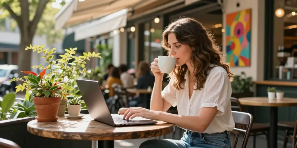 Brianna Lyman age and height highlighted in a lively outdoor cafe scene, showcasing her casual yet chic style.