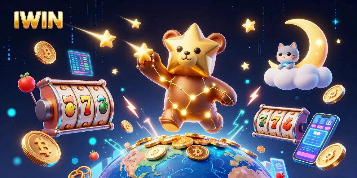 Engage with IWIN's vibrant casino scene featuring a constellation bear and glimmering coins.