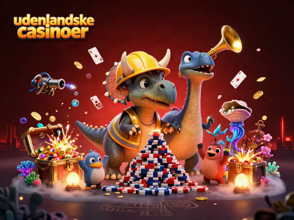 Action-packed scene showcasing udenlandske casinoer with playful characters and casino elements
