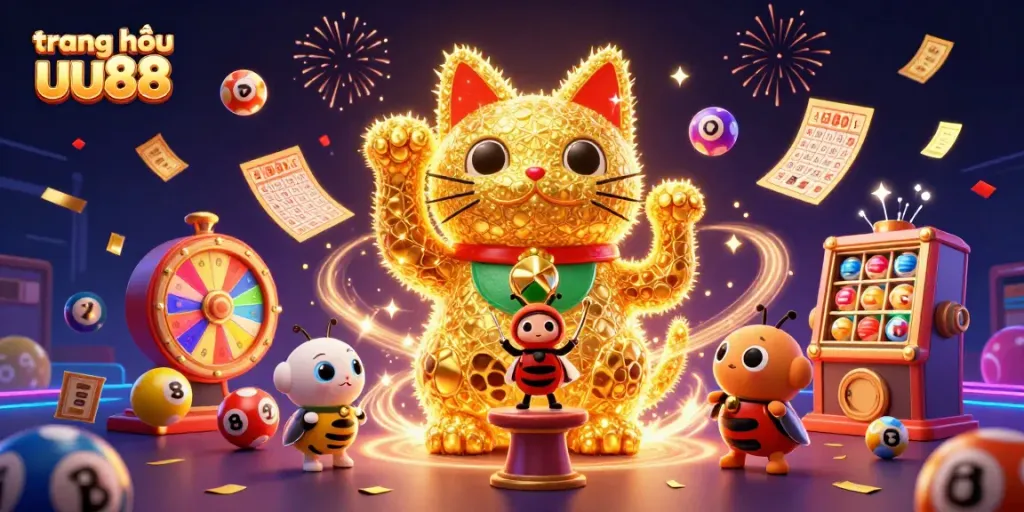 Experience the excitement of trang chủ uu88 with a golden lucky cat surrounded by vibrant casino-themed imagery.