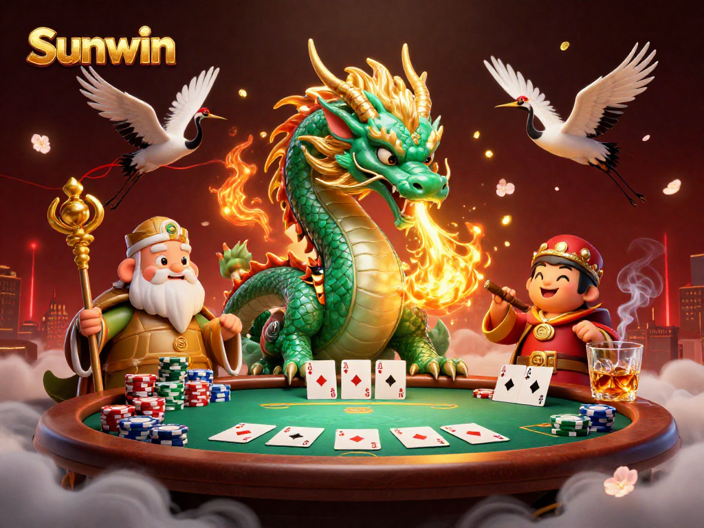 Sunwin brings lucky moments alive as a jade dragon, wise turtle, and cranes create magic at the casino.