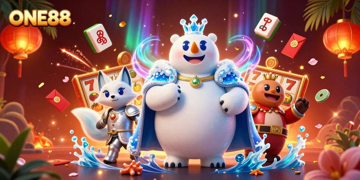 Engage with ONE88's vibrant casino world featuring a playful polar bear and fox amidst dynamic slot reels and symbols.