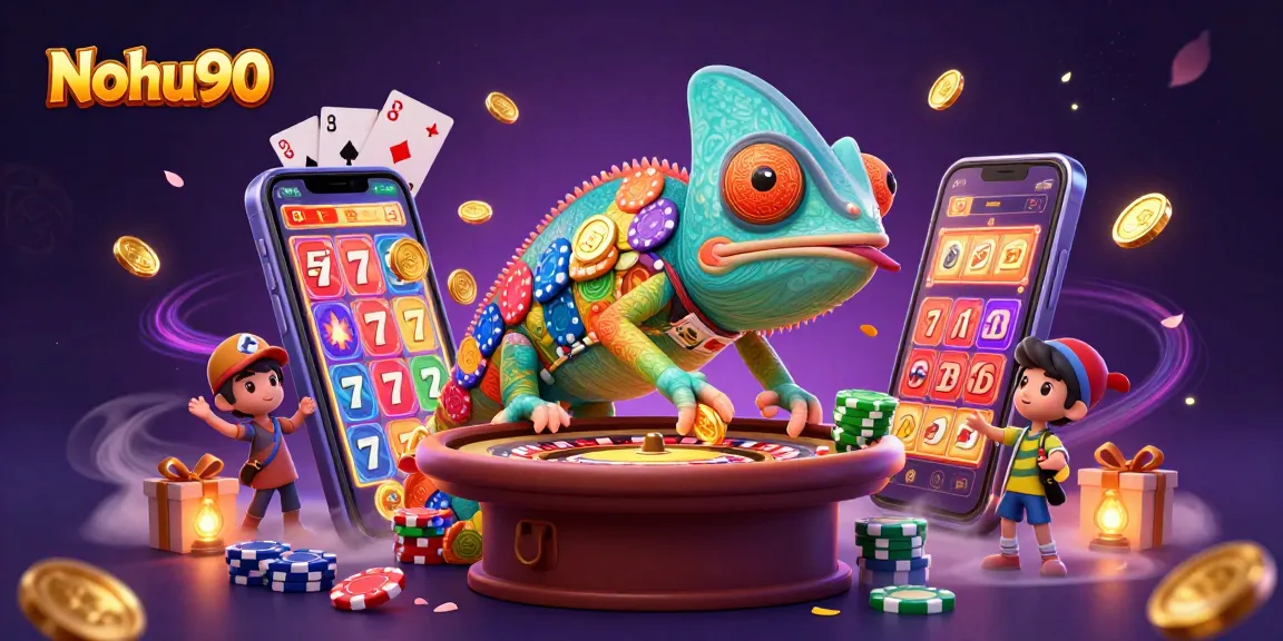 Nohu90 chameleon casino owner catches coins while surrounded by vibrant slot and poker elements.