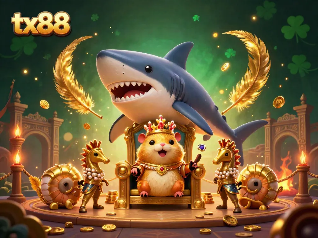 Experience thrilling bets with tx88's casino-themed scene featuring a golden hamster king and royal guards.