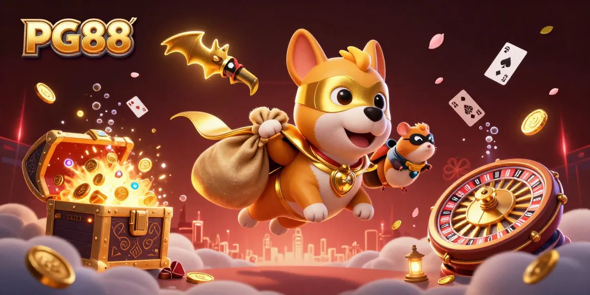 Experience PG88's thrilling atmosphere with a superhero dog and hamster navigating a vibrant casino world.
