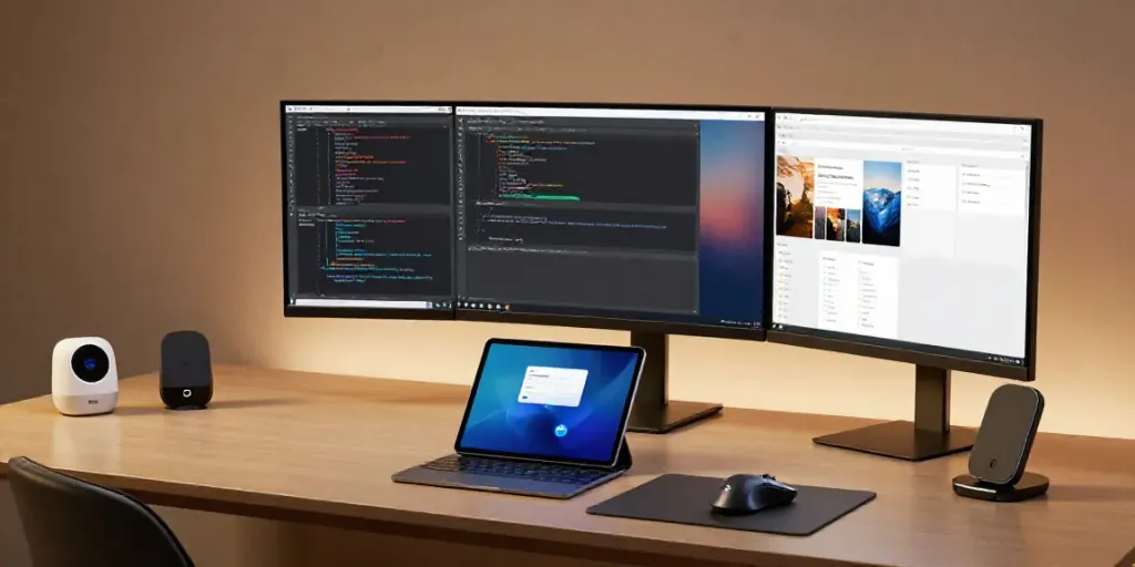 Neueste Gadgets in einem modernen Entwicklerarbeitsplatz mit Technologie und innovativen Geräten.