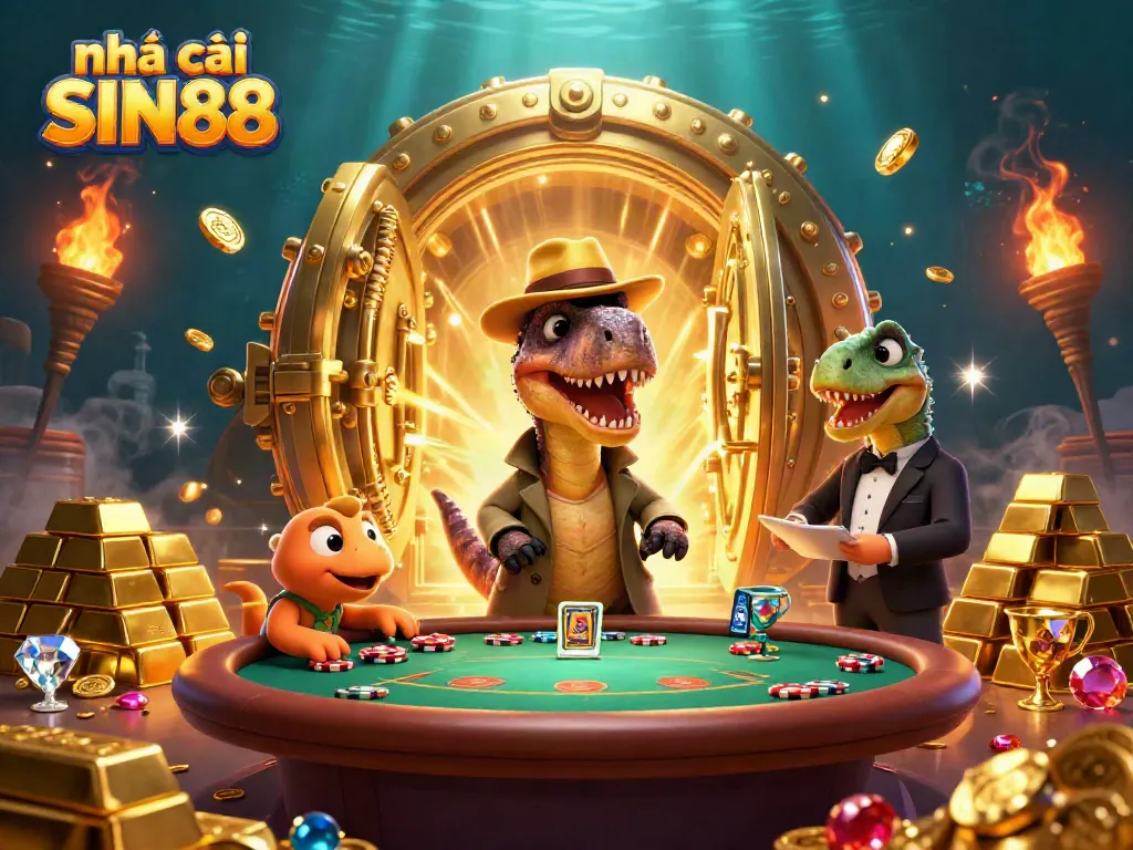 Experience the thrill at nhà cái SIN88 with the velociraptor card counter amid shining gold and jewels.