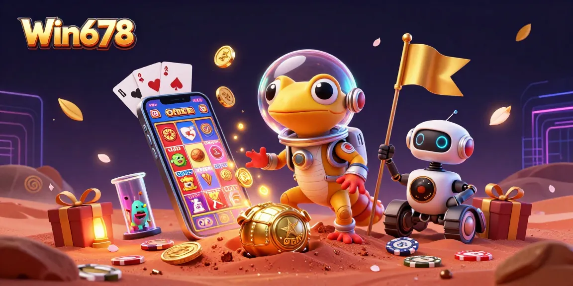 Win678 captures a colorful slot game action with animated characters in a vibrant casino setting.