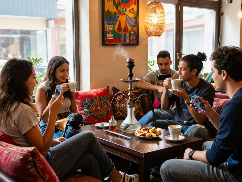 Friendly gathering at a café showcasing rokok88 vibes with hookah and laughter.