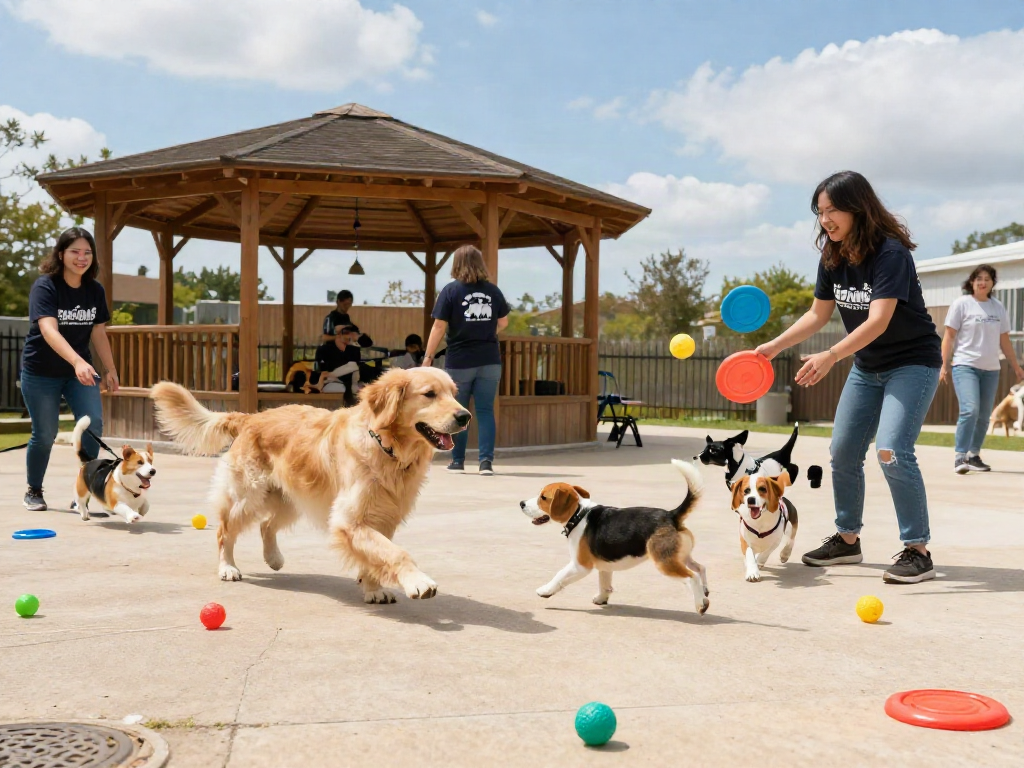 Active puppy playtime at a daycare facility showcasing depo 10k benefits for dog owners.