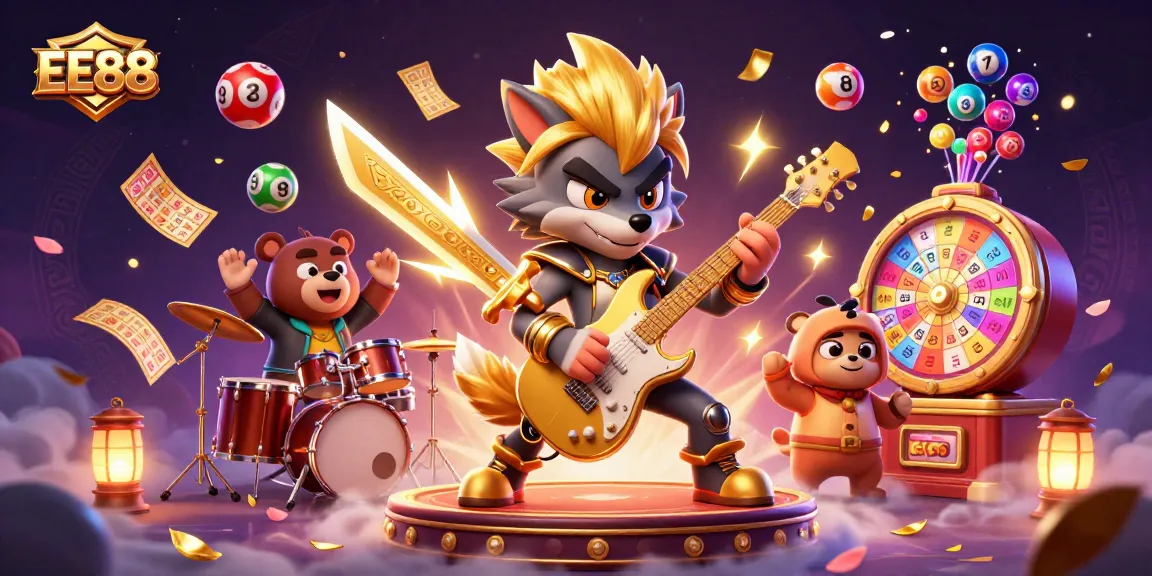 EE88 showcases a dynamic casino stage with a rock star wolf and drummer bear amidst vibrant gaming elements.