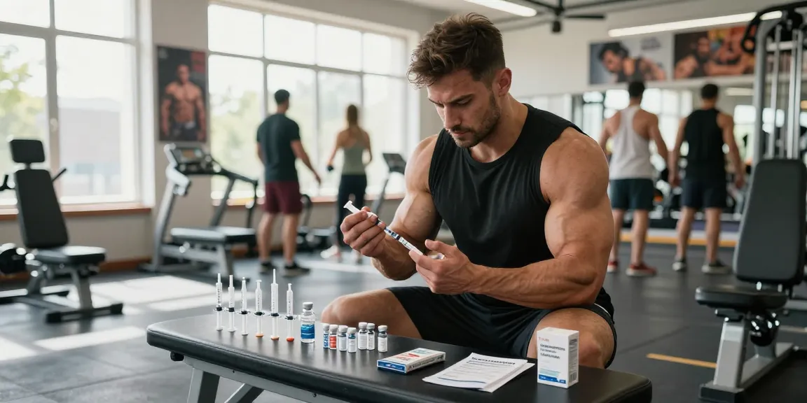 Bodybuilder demonstrating injection techniques for anabolic steroids in a fitness gym, showcasing safe practices and Anabolika Shop products.