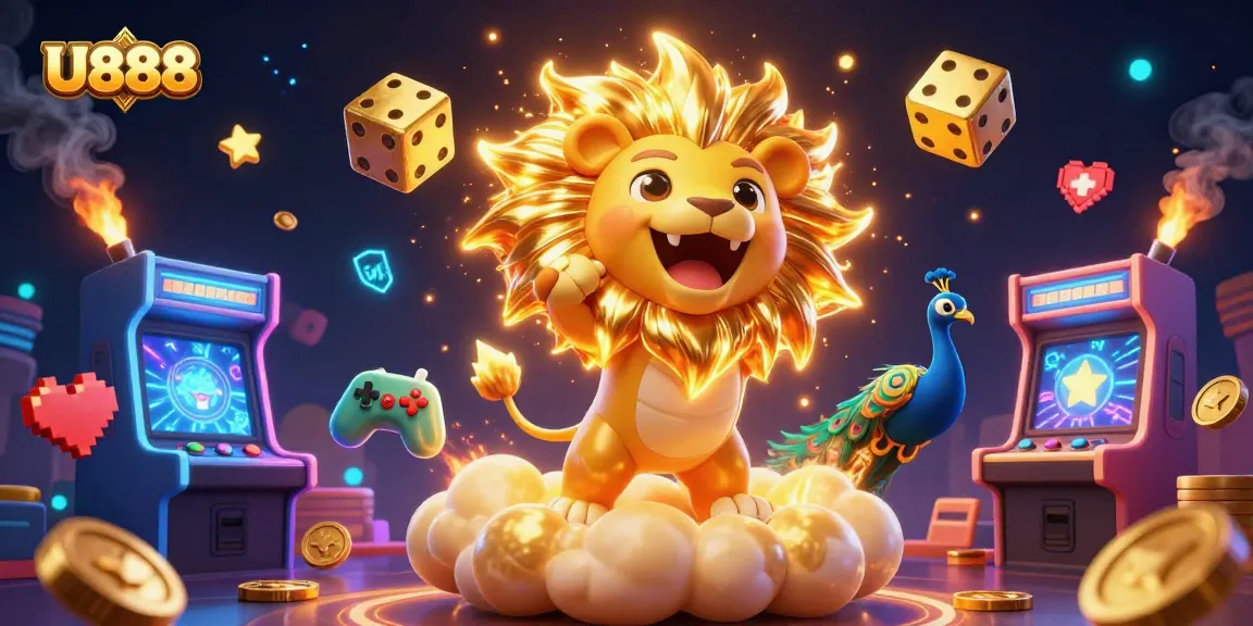 Play thrilling games at U888 with vibrant graphics and a roaring lion symbolizing victory!