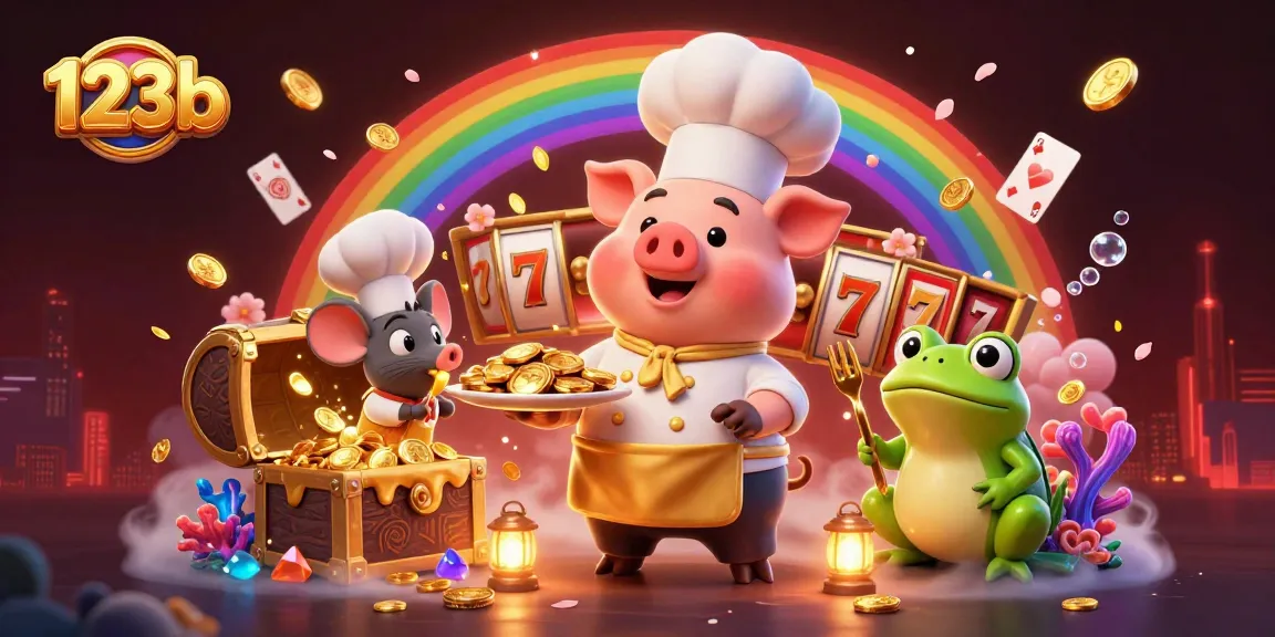 Engage with 123b's vibrant casino world featuring a chef pig serving golden coins amidst thrilling slot game excitement.