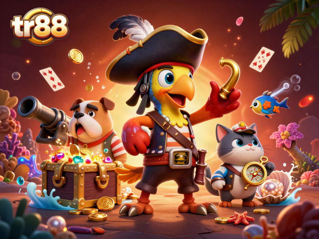 Engaging tr88 casino-themed adventure with a pirate captain, bulldog, and cat, surrounded by colorful gambling elements.