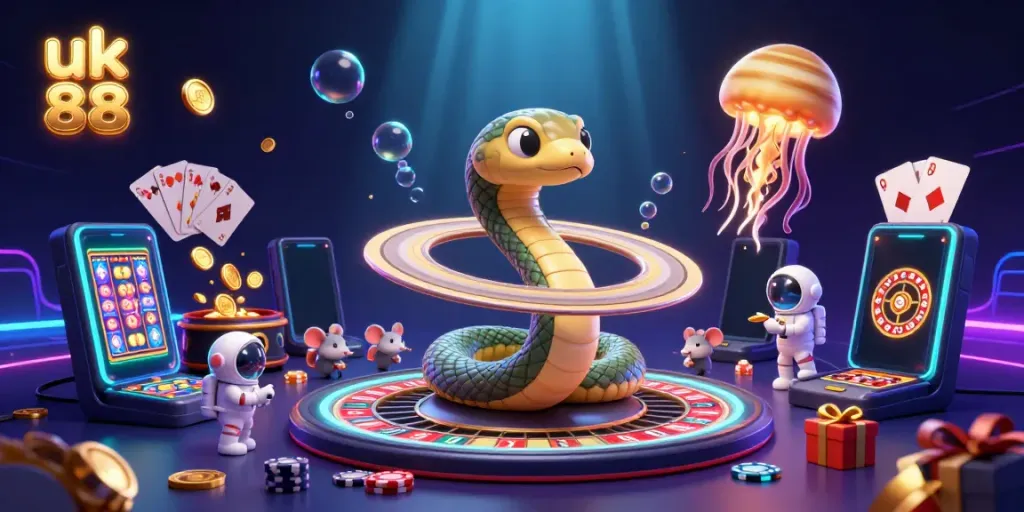 Experience the thrilling atmosphere of uk 88 where a Saturn ring snake wheel captivates cosmic bets in this dynamic illustration.