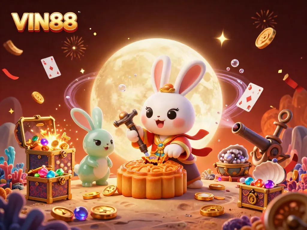Engage with the vibrant world of VIN88, featuring a moon rabbit and golden mooncakes amidst dynamic casino elements.
