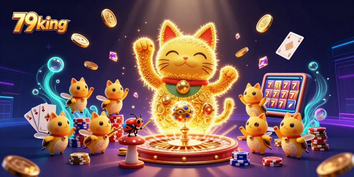 Experience thrilling gameplay with 79king's vibrant casino symbols and dynamic lucky cat illustration.