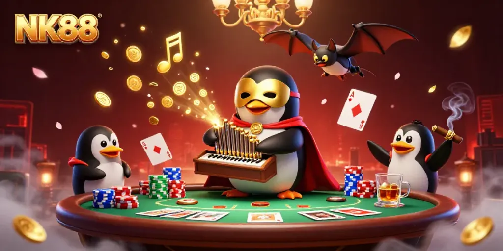 Witness NK88's thrilling spectacle as a phantom penguin and bat acrobat bring casino excitement alive.