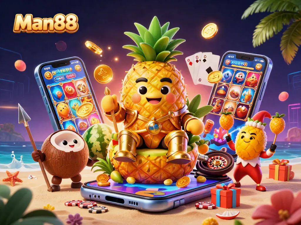 Spin and win at Man88 with a golden pineapple king and vibrant casino games around them!
