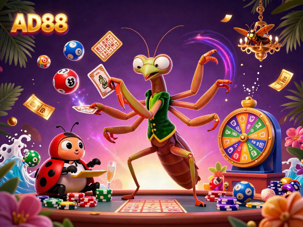 Experience the thrill of AD88 with a vibrant 3D casino scene featuring vibrant games and lively characters.
