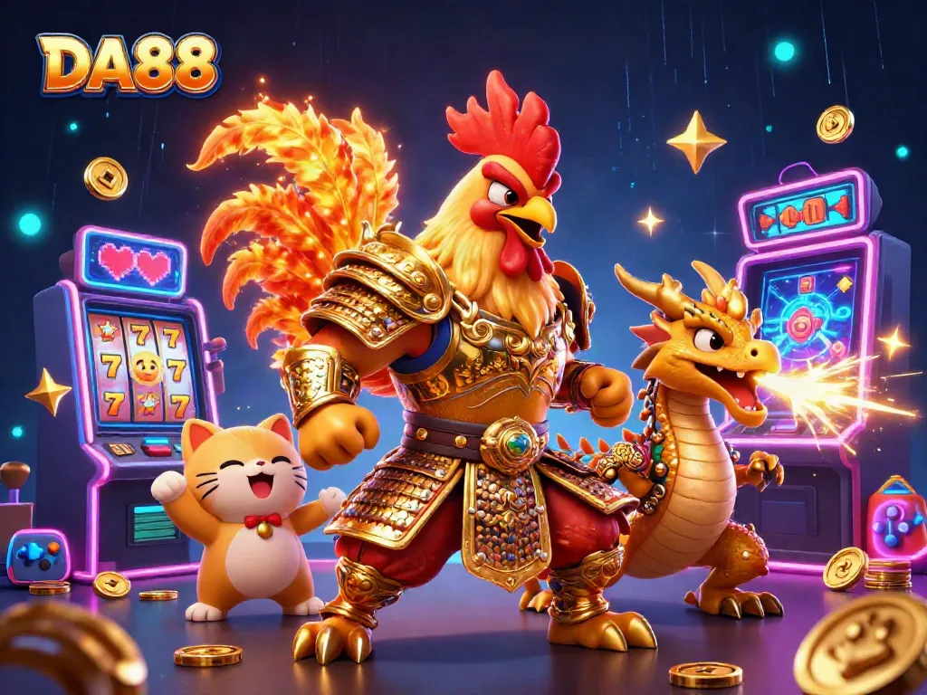 Experience the thrill of DA88 with a dynamic 3D scene featuring a warrior rooster and dragon in a casino setting.