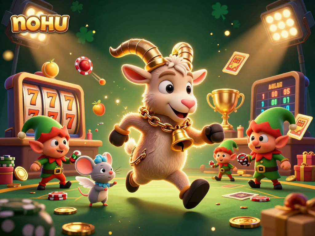 Experience nohu's vibrant gaming scene with a Krampus goat managing a spirited casino.