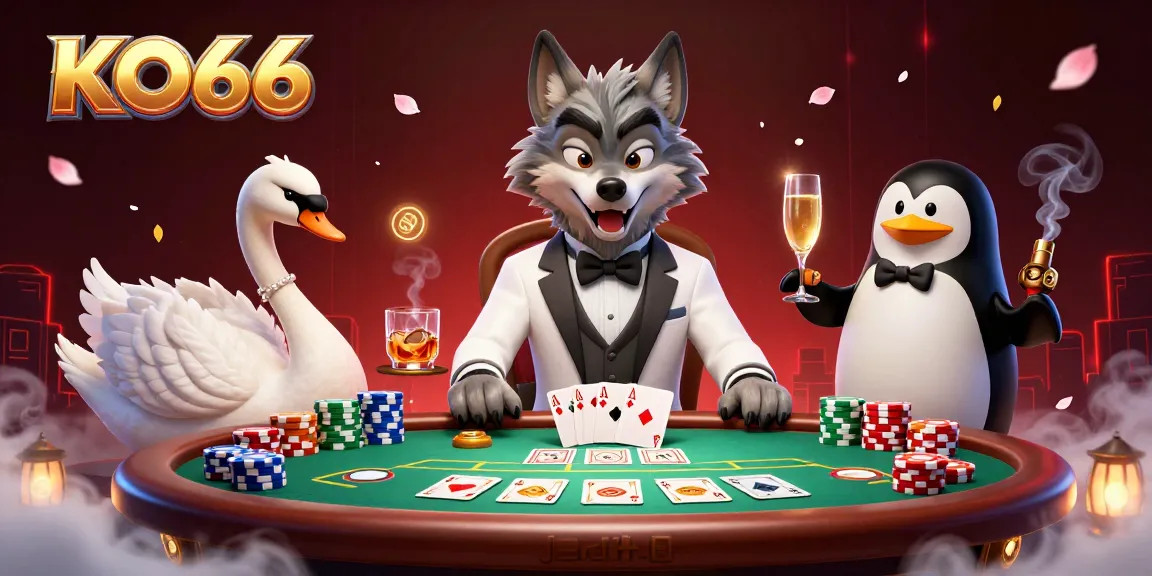 Experience KO66's dynamic casino scene with a debonair wolf, elegant swan, and sophisticated penguin.