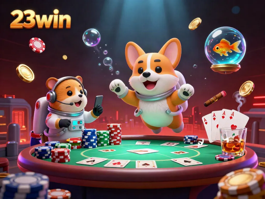 Experience vibrant gameplay with 23win casino featuring an astronaut corgi and glowing game elements.