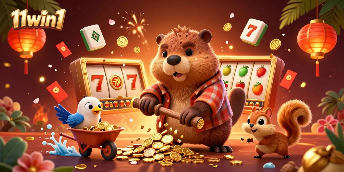 Spin to win at 11win1 with a vibrant casino scene featuring playful characters and exciting elements.