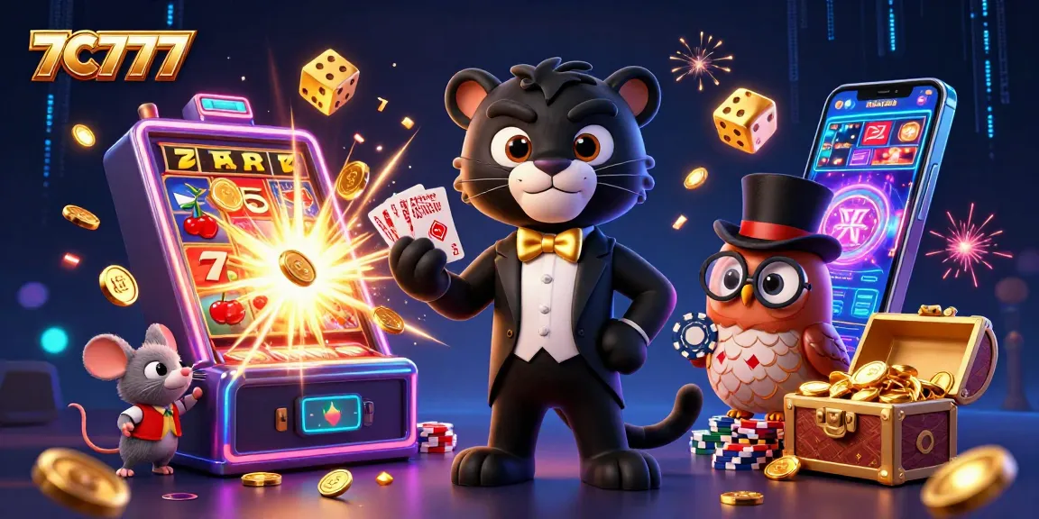 Engage with 7C777's vibrant casino world through a rich 3D illustration of characters and dynamic gaming elements.