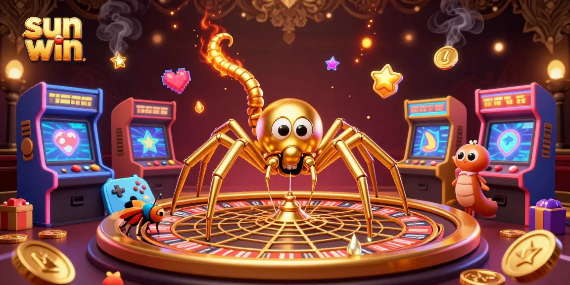 Experience the thrill of betting in this sun win-inspired casino scene with a golden spider and centipede croupier.