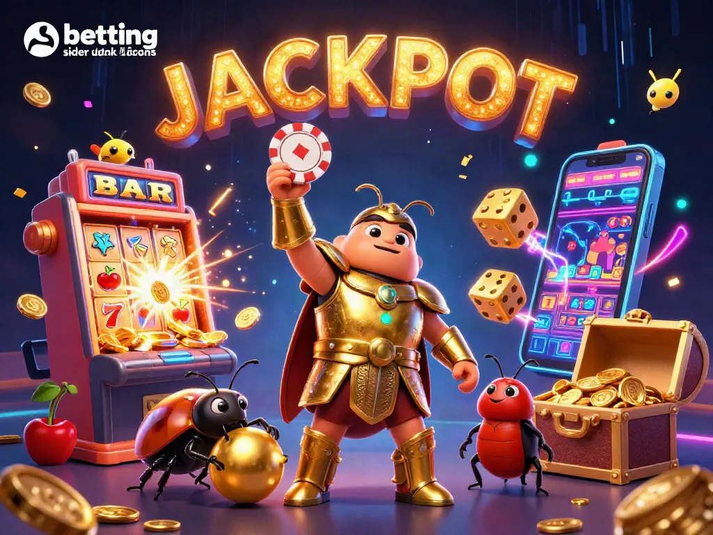 Betting sider uden dansk licens showcased through vibrant 3D illustration with a beetle, poker chip, and slot machine.