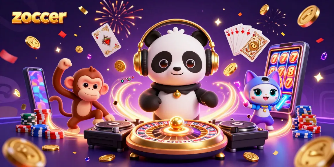Zoccer-themed 3D illustration featuring DJ panda and colorful casino elements, captivating action.