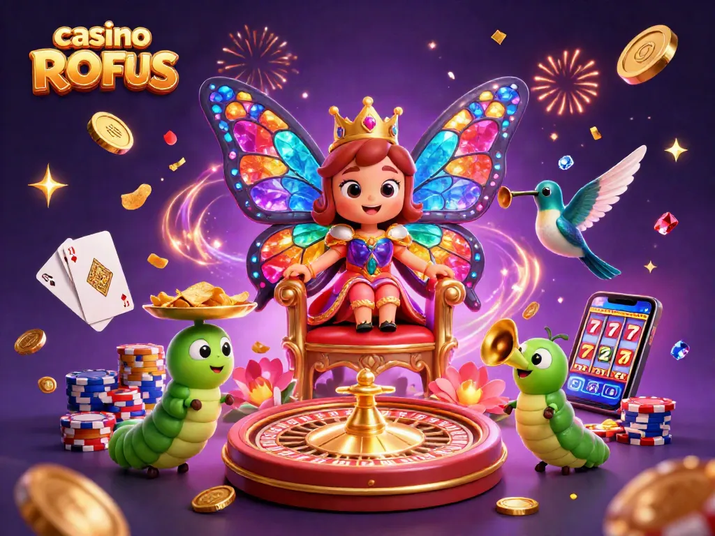 Experience the thrill of playing at a casino uden ROFUS with a vibrant 3D illustration showcasing colorful characters and gaming elements.