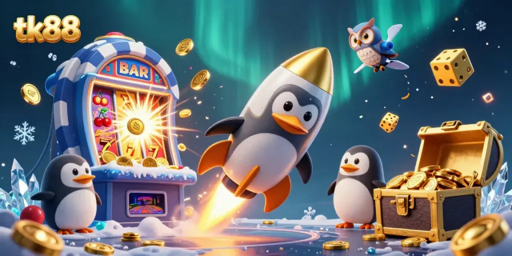 Experience the thrill of tk88 with a cartoon penguin flying to a jackpot-filled casino.